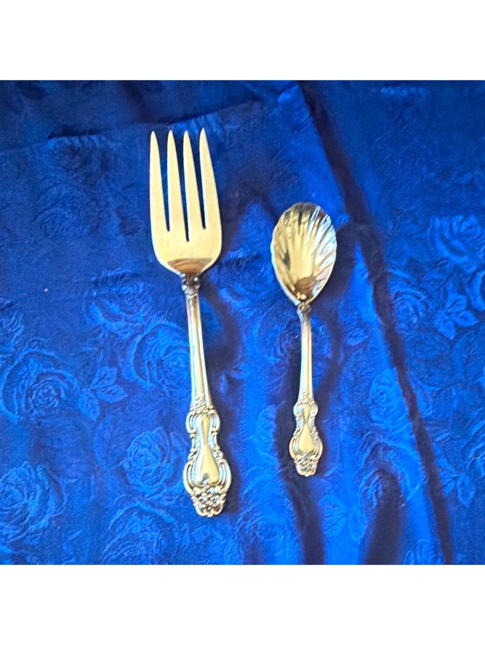 Reed & Barton Silver Plated Salad Fork & Spoon Set, Floral Handle, Glossy